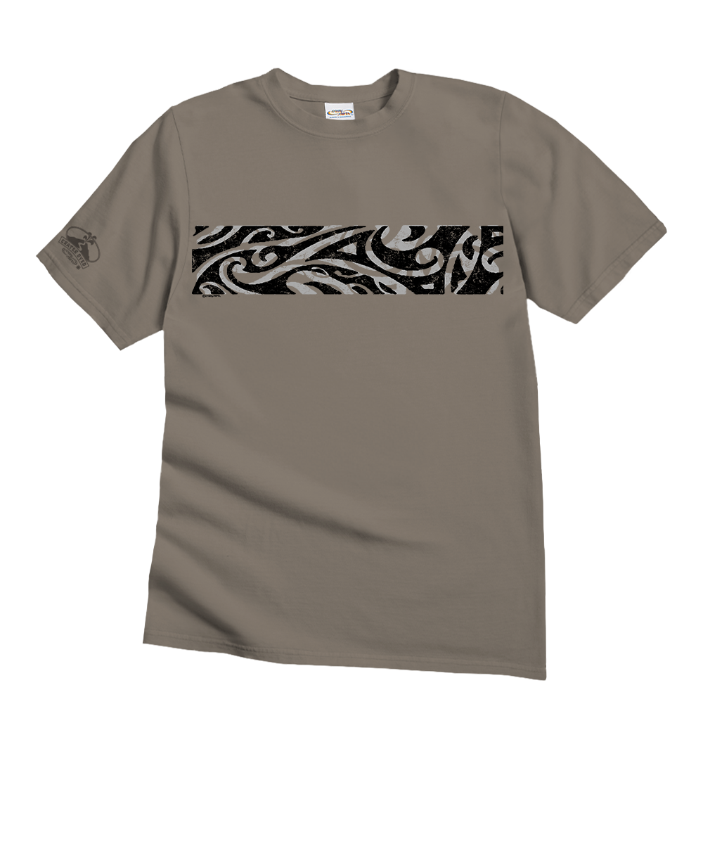 A taupe brown short-sleeve crewneck t-shirt featuring a horizontal black and white wave pattern across the chest, with a small matching graphic on the left sleeve. View 1