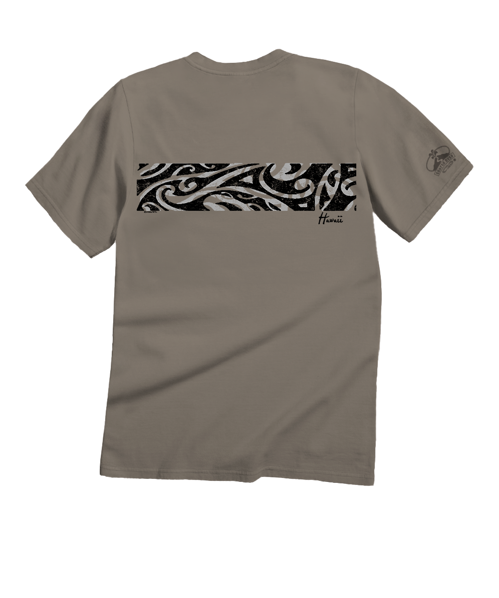 A taupe brown short-sleeve t-shirt shown from the back, featuring a wide horizontal black and white Polynesian-style tribal pattern across the upper back and a small black script logo on the right side of the pattern. A small dark graphic is also printed on the left sleeve. View 4