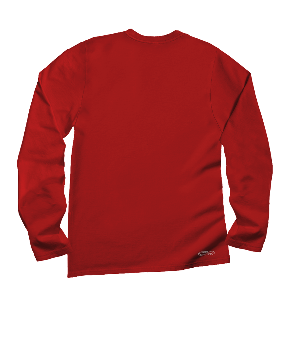 A red long-sleeve crewneck shirt shown from the back, laid flat against a solid white background. View 4
