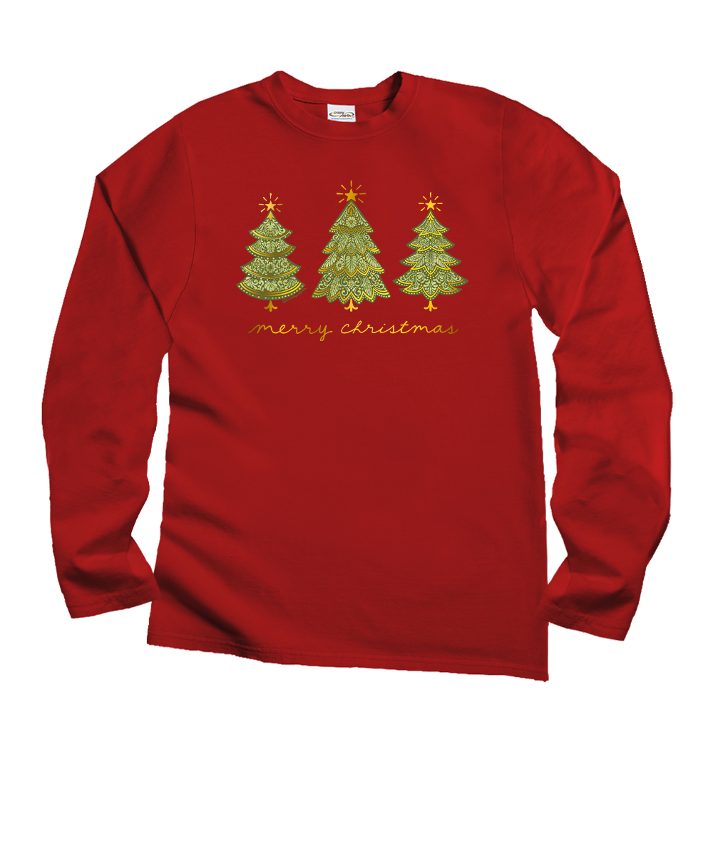 A red long-sleeve crewneck sweatshirt featuring a graphic of three decorated Christmas trees with gold star toppers and the words 'merry christmas' printed below in gold script. View 1