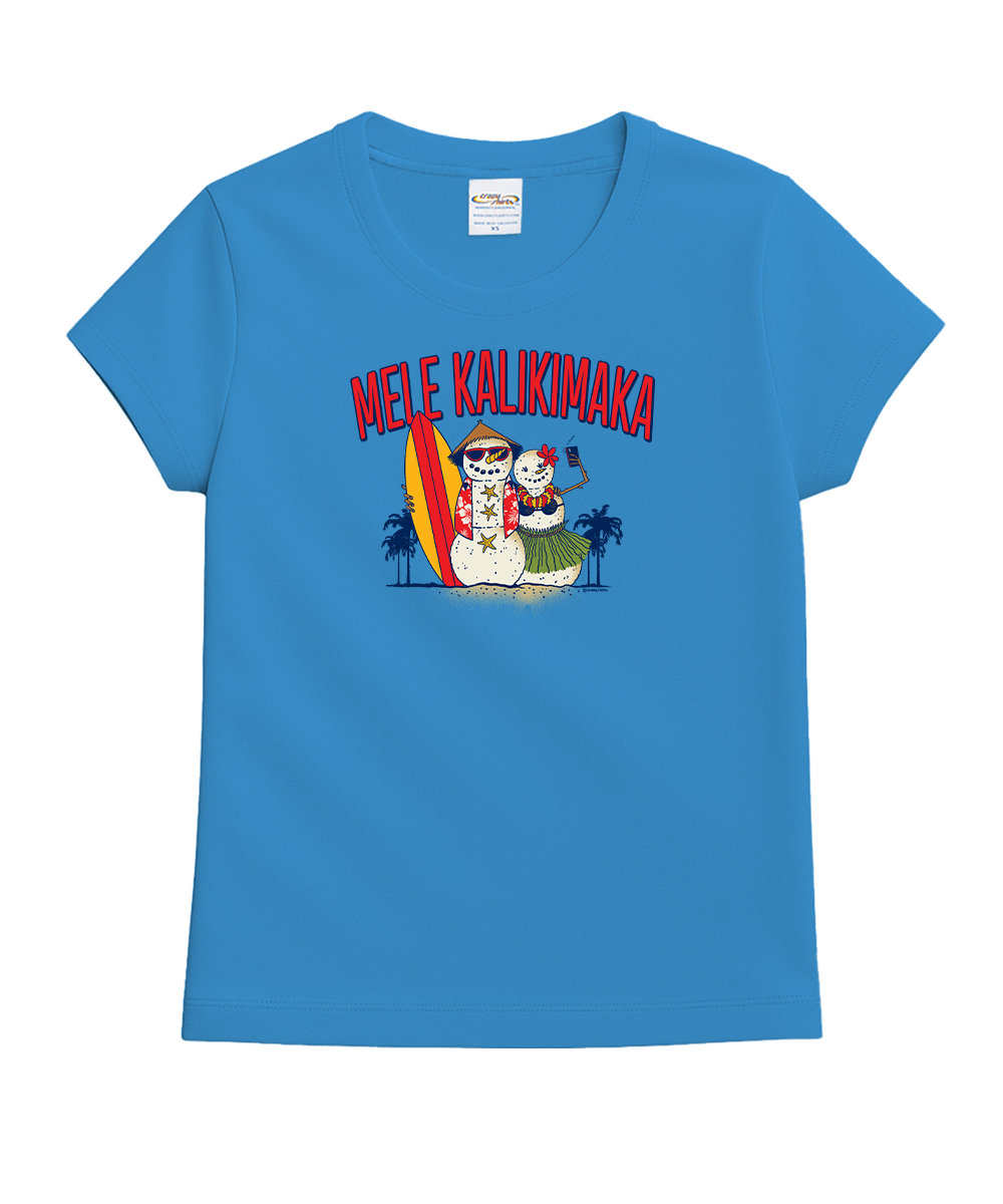 A bright blue short-sleeve t-shirt with a graphic on the front. The graphic features the red text 'MELE KALIKIMAKA' above a cartoon scene of a hula dancer and a snowman on a beach with a yellow and orange surfboard and palm trees. View 1