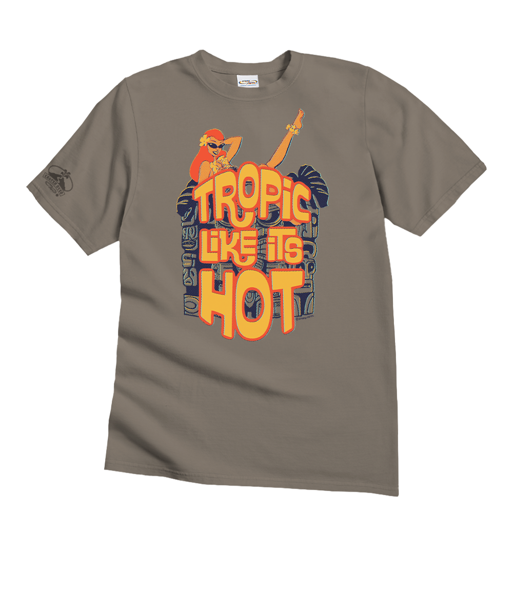 A taupe gray short-sleeve t-shirt with a colorful graphic on the front featuring a cartoon woman, tikis, and the text 'TROPIC LIKE IT IS HOT' in orange and yellow. View 1