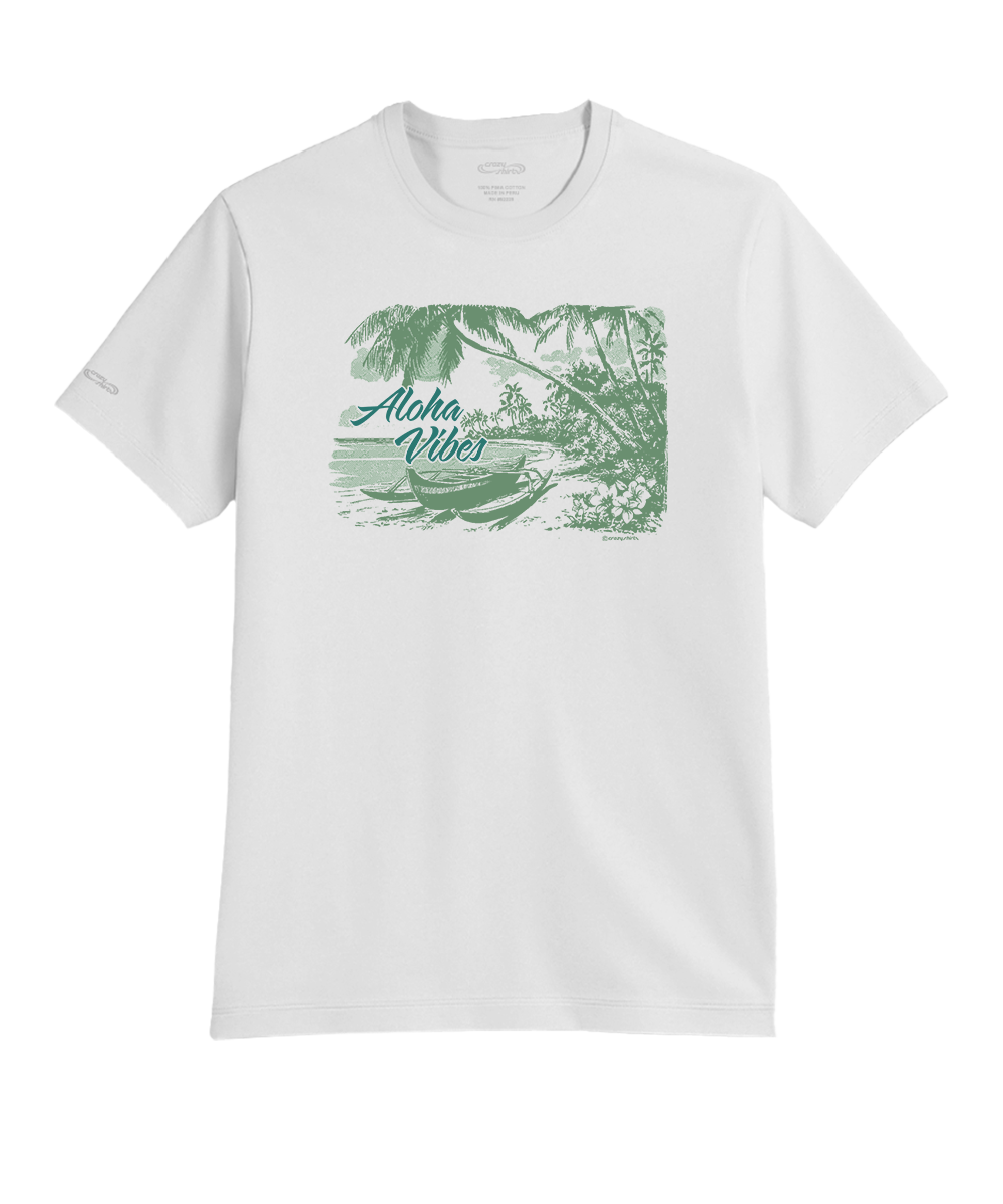 A white short-sleeve crewneck t-shirt featuring a green tropical graphic on the chest with palm trees, waves, and the text 'Aloha Vibes'. View 1