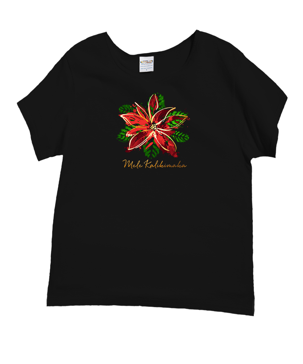 A black short-sleeve t-shirt with a colorful graphic of a poinsettia flower in red, orange, and green, with the text 'Mte Kalkmader' printed below it. View 1