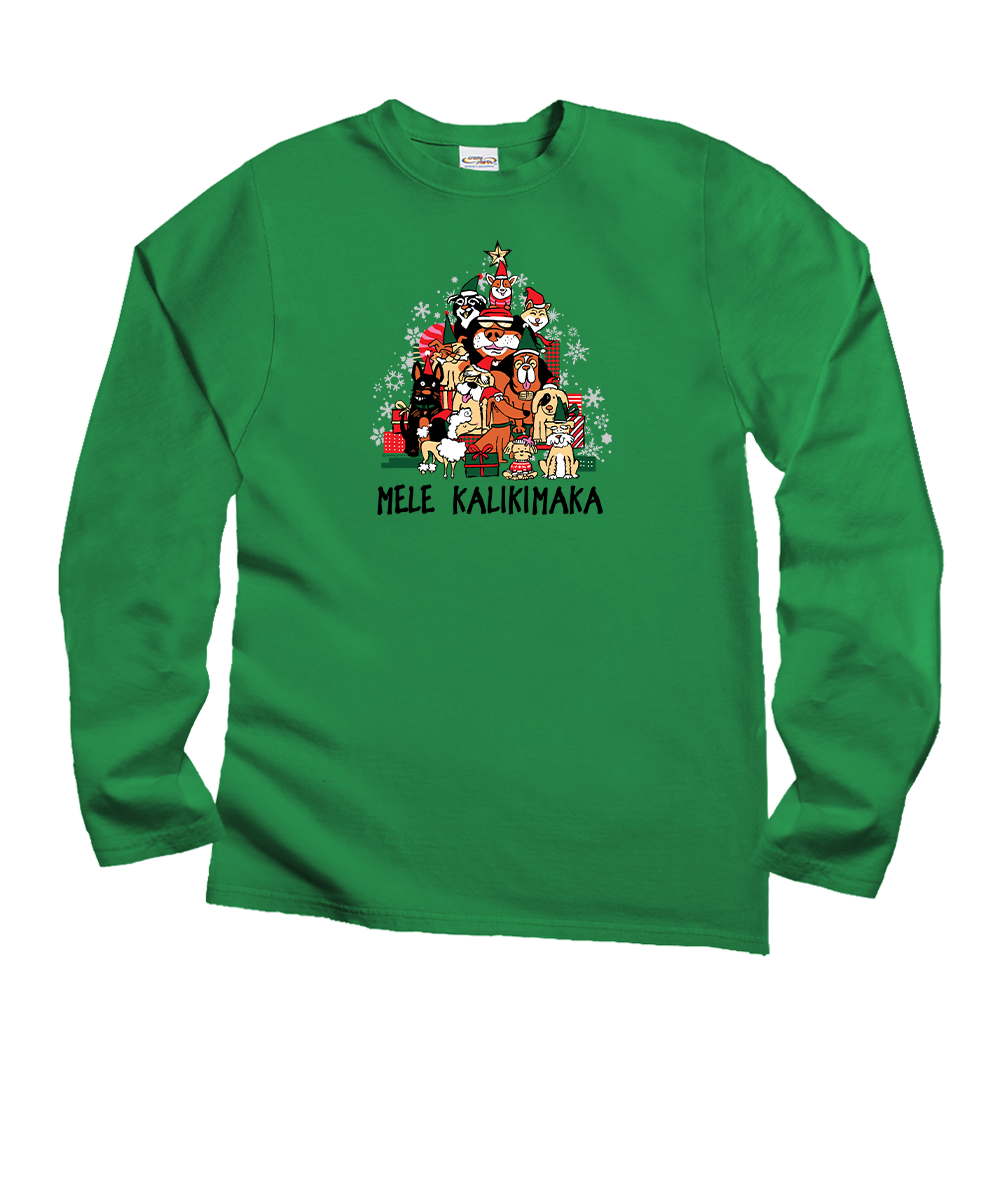 A green long-sleeve crewneck sweatshirt featuring a colorful graphic of various dogs posing in front of a decorated Christmas tree, with the text 'MELE KALIKINAKA' printed below the graphic. View 1