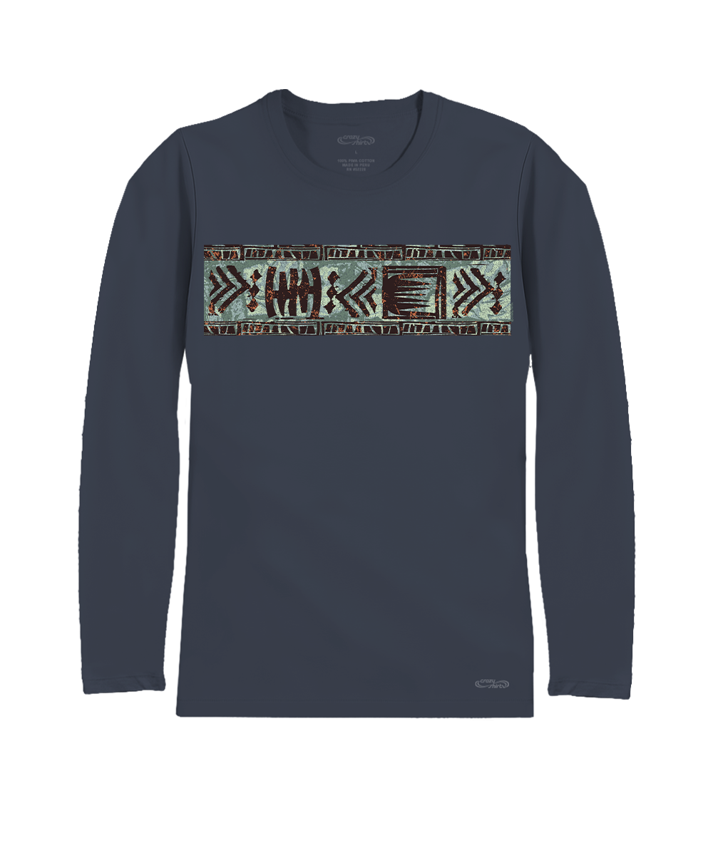 A dark slate blue long-sleeve t-shirt with a horizontal geometric patterned band across the chest, featuring tribal-style symbols in brown, beige, and light blue. View 1