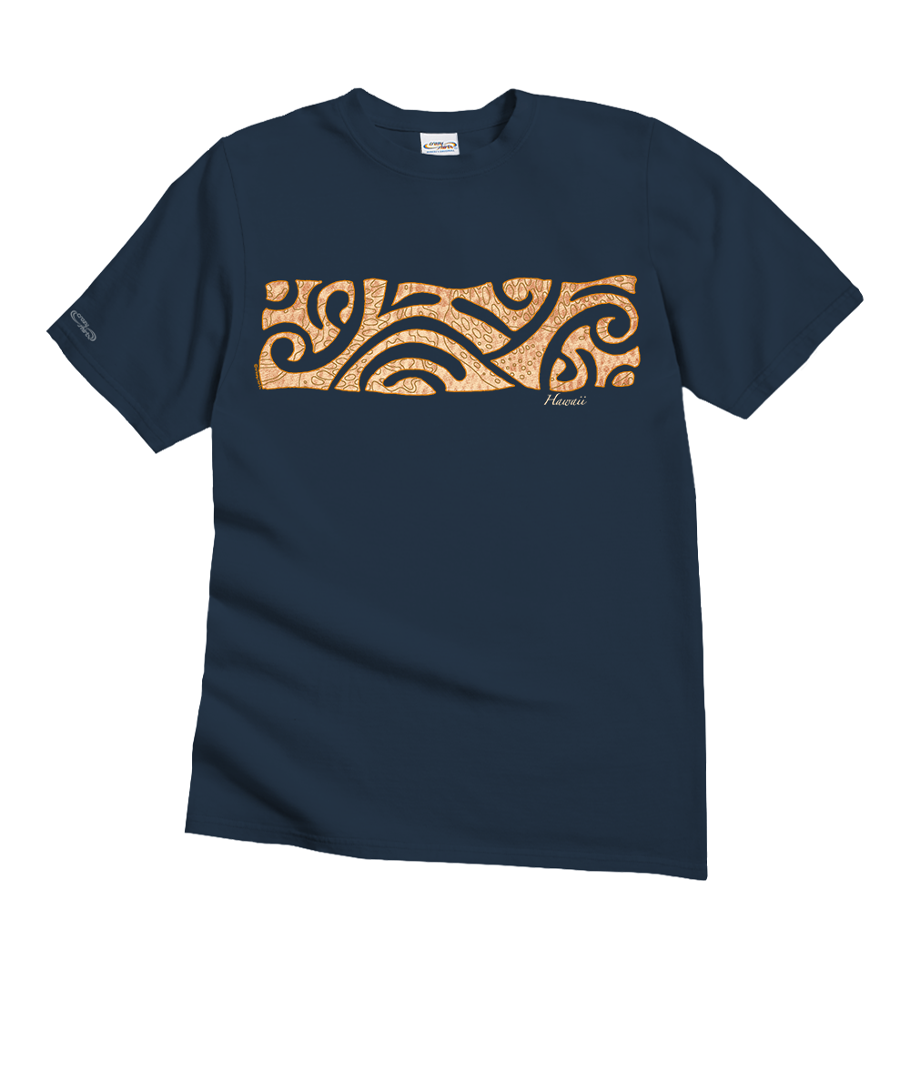 A navy blue short-sleeve t-shirt with a wide tan and black Polynesian-style wave pattern graphic across the chest, featuring the word 'Hawaii' in small script below the graphic. View 1