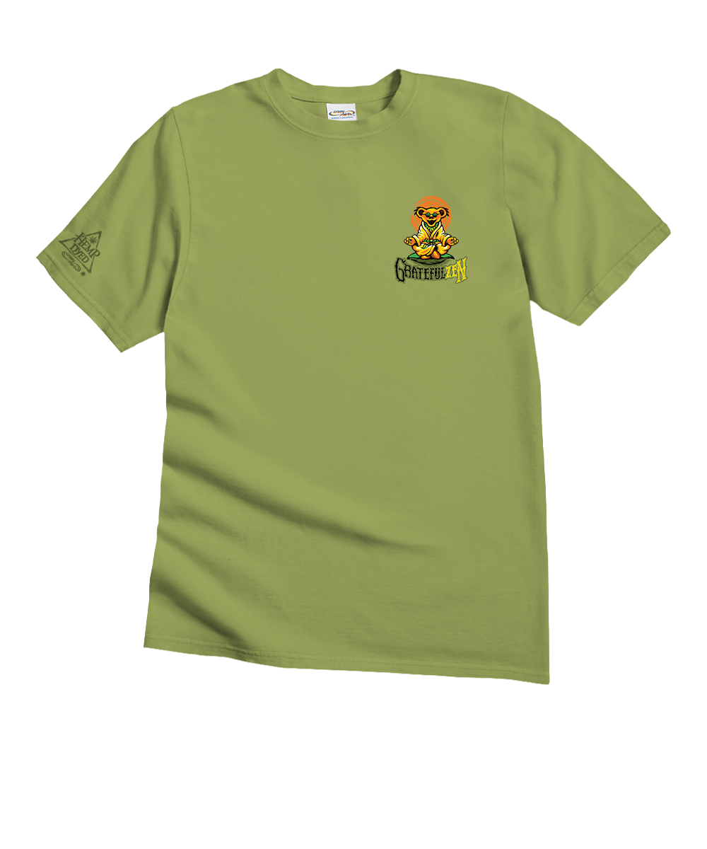 An olive green short-sleeve t-shirt with a small graphic of a cartoon frog wearing sunglasses on the left chest, with a dark graphic on the right sleeve, displayed on a solid white background. View 4