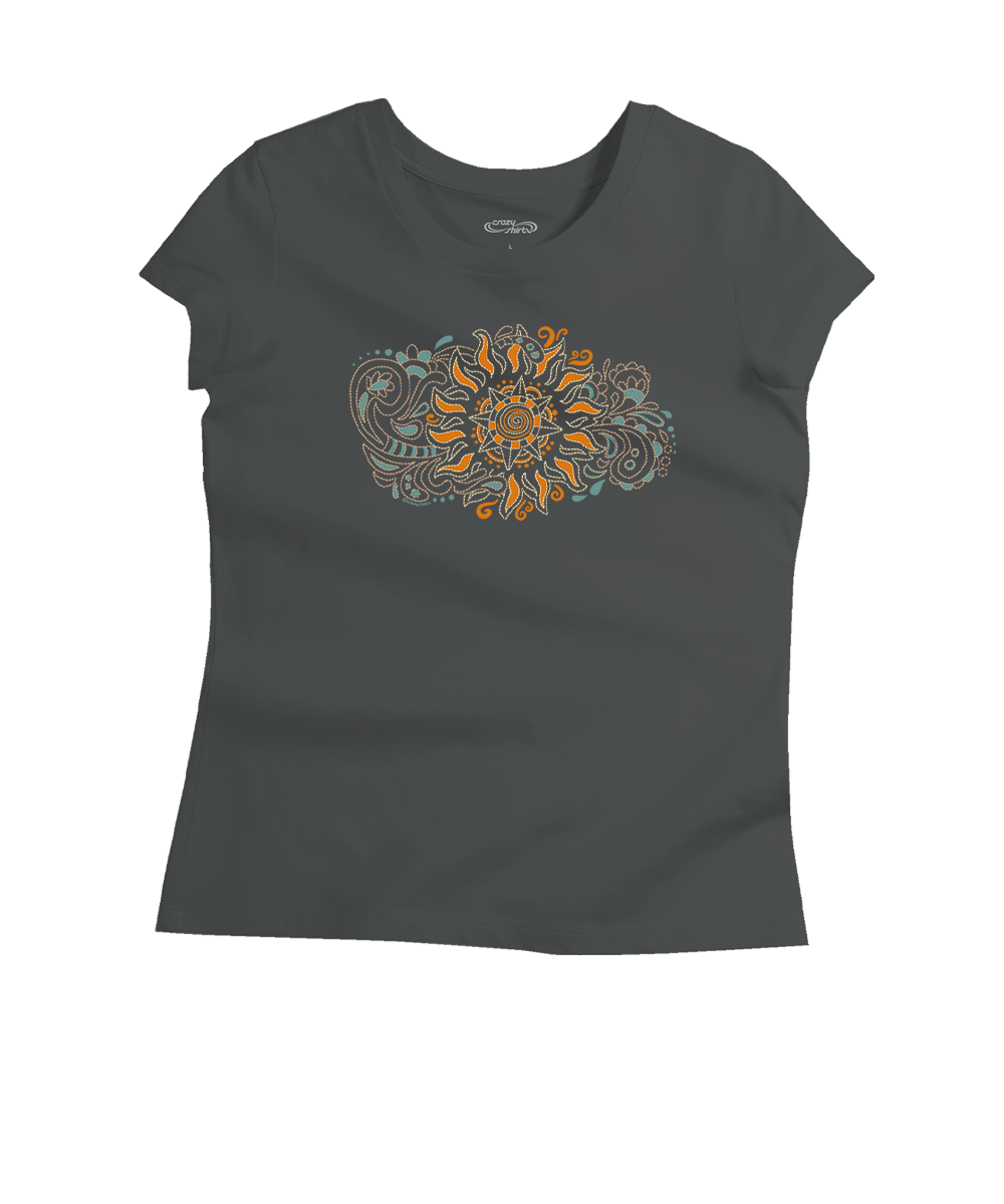 A dark gray short-sleeve t-shirt with a colorful mandala sun graphic on the chest, featuring orange, teal, and white details.  View 1