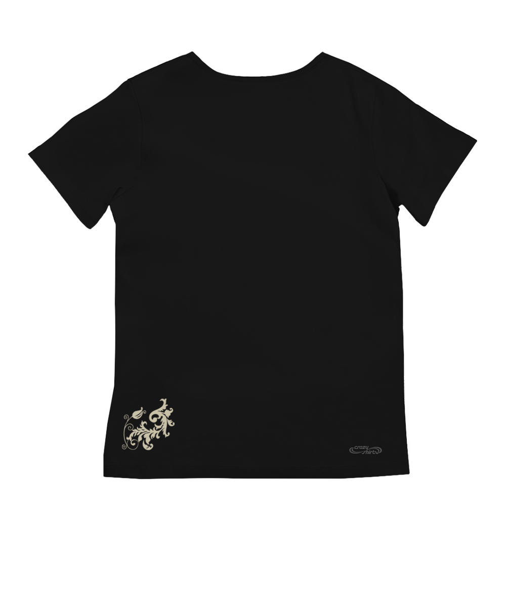 A black short-sleeve t-shirt shown flat against a white background, featuring a small beige graphic on the bottom left and a small beige logo on the bottom right. View 4