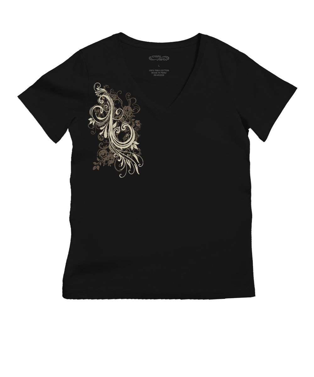 A black short-sleeve V-neck t-shirt featuring a decorative beige and brown baroque-style scrollwork graphic on the left chest, displayed against a solid white background. View 1