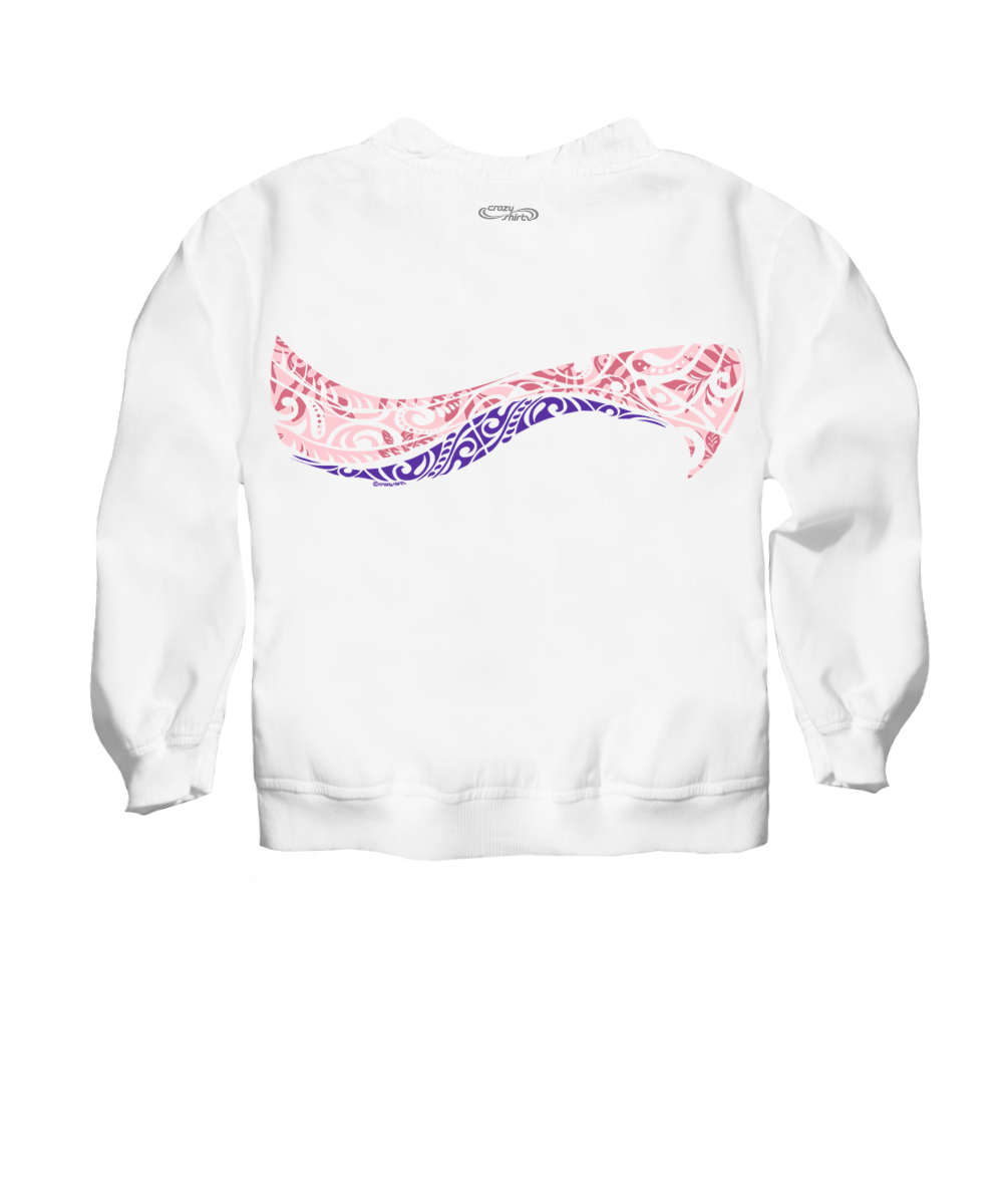 A white crewneck sweatshirt featuring a horizontal wave graphic across the chest with a red and purple tribal pattern, shown against a plain white background. View 4