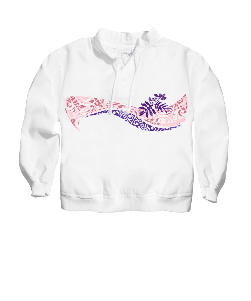 A white long-sleeve hoodie sweatshirt featuring a stylized, wavy graphic across the chest filled with pink and purple floral and tribal patterns, set against a plain white background. View 1