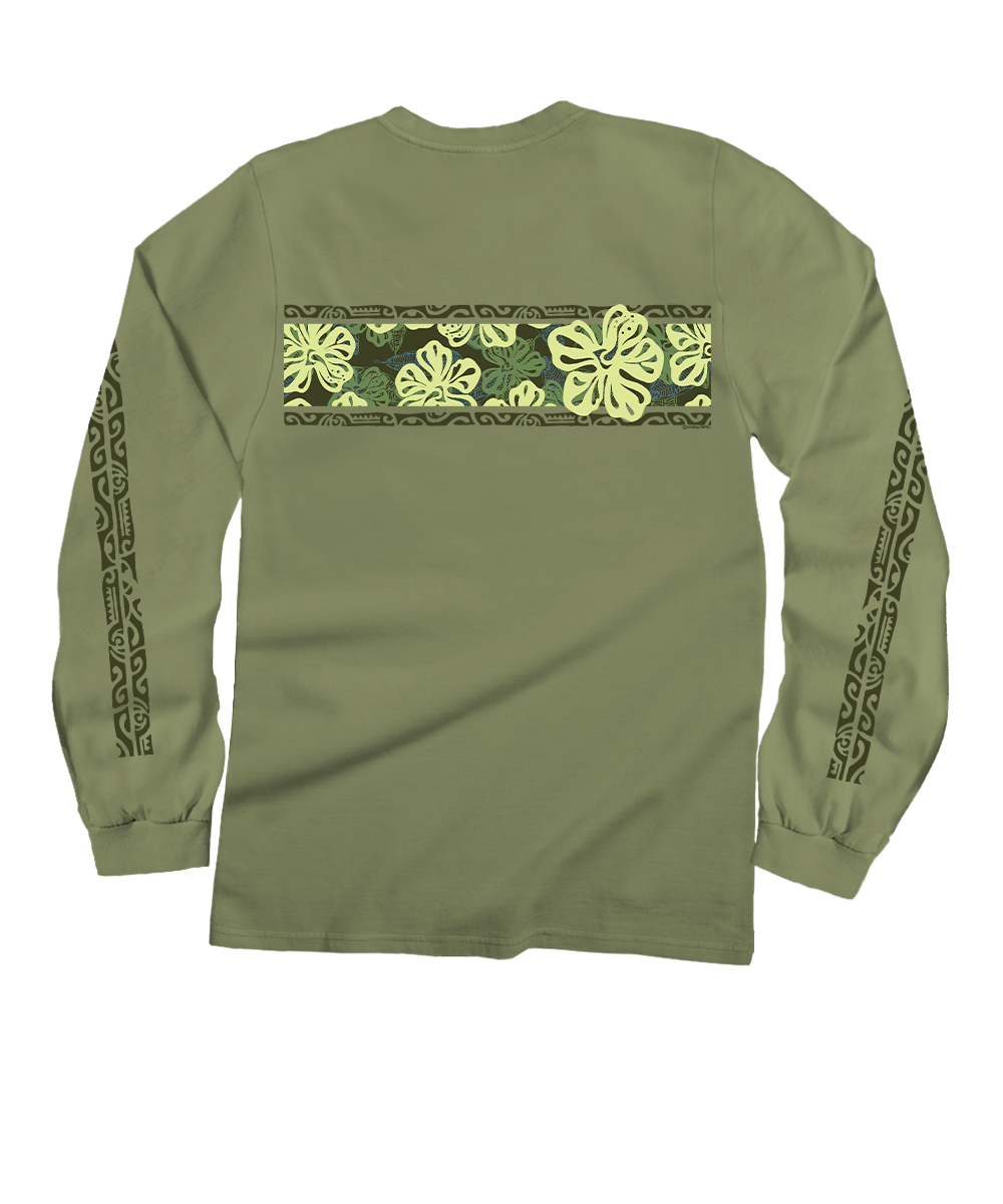 An olive green long-sleeve t-shirt shown from the back, featuring a horizontal band of green and yellow tropical hibiscus flowers across the upper back and black tribal patterns running down both sleeves. View 4