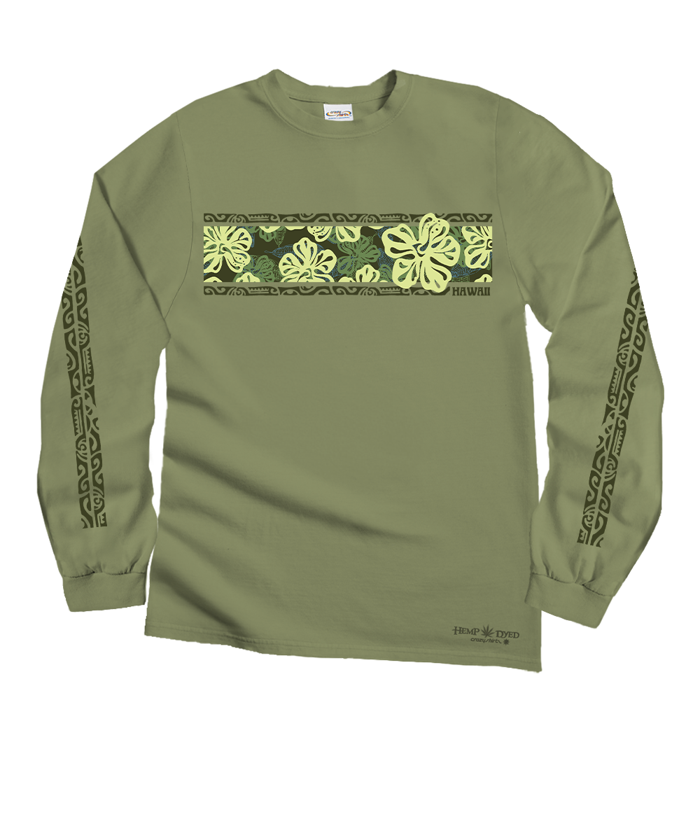An olive green long-sleeve t-shirt with a horizontal chest graphic featuring green and yellow tropical flowers and leaves over a black patterned background. The sleeves have black tribal-style patterns running down them, and hemp dyed is printed near the bottom right hem. View 1