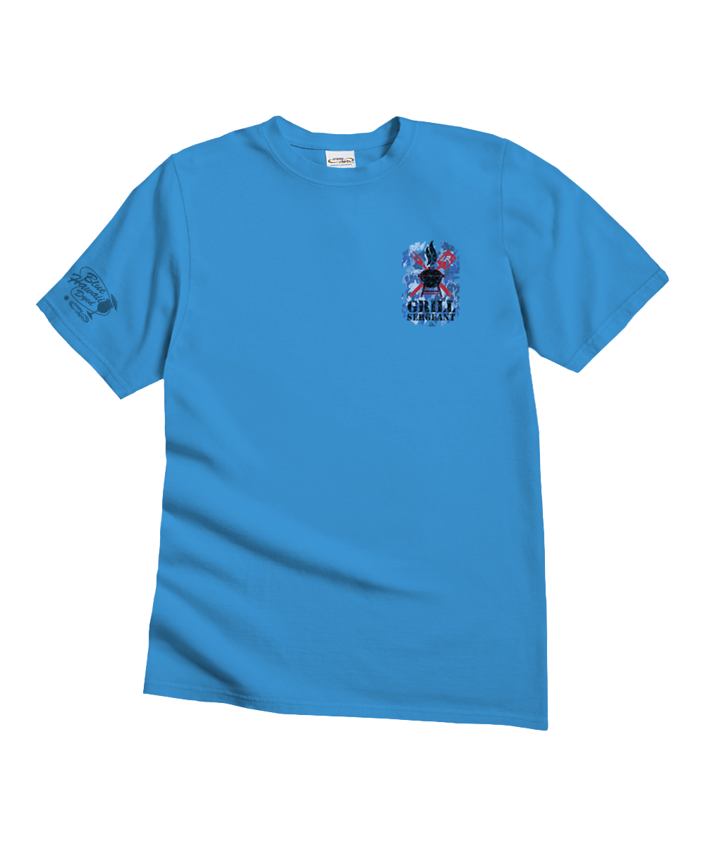 A bright blue short-sleeve t-shirt with a small multicolor graphic on the left chest featuring a character and the text 'GRILL SERGEANT'. A darker graphic is printed on the right sleeve. View 4