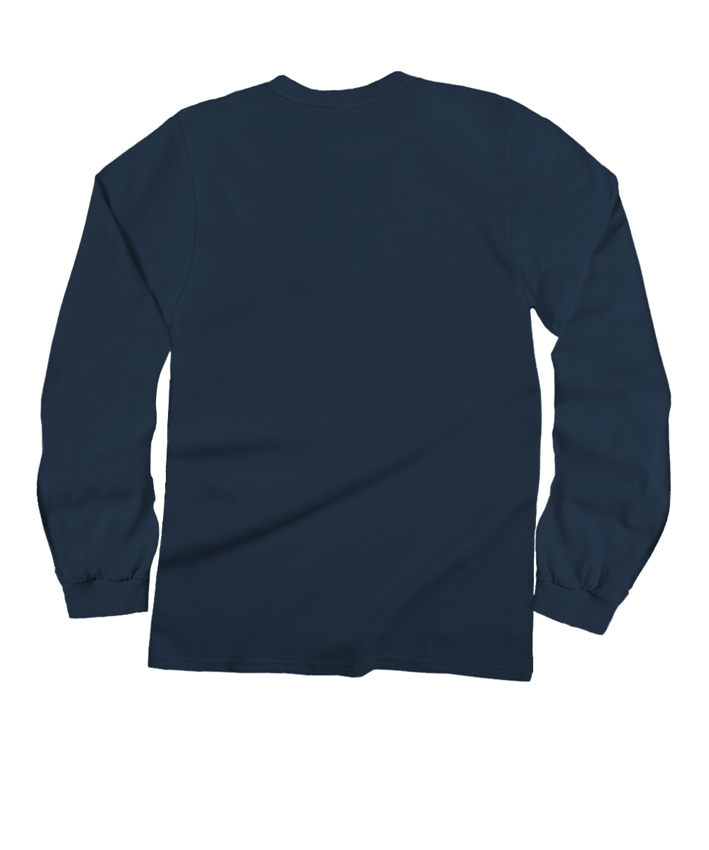 A dark navy blue long-sleeve t-shirt shown from the back, laid flat against a solid white background. View 4