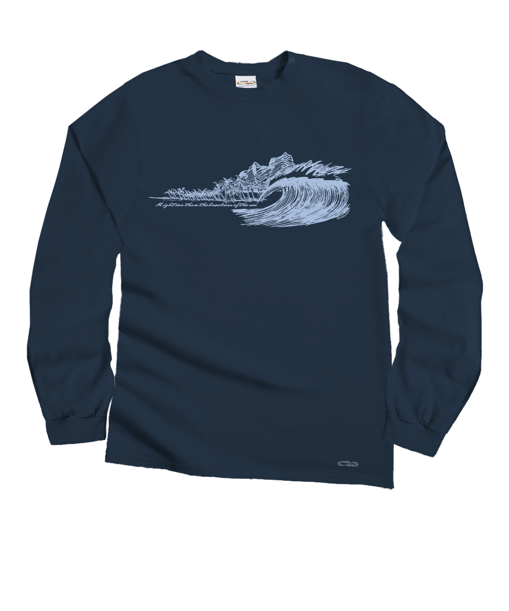 A navy blue long-sleeve crewneck t-shirt with a white line art graphic of a crashing wave and the text 'A golden wave that never retreats' across the chest, displayed on a clean white background. View 1