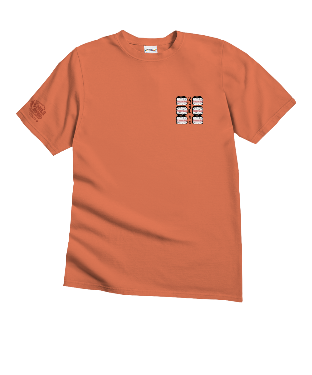 An orange short-sleeve crewneck t-shirt with a small graphic of six sushi rolls on the left chest and a tonal graphic on the right sleeve, shown on a plain white background. View 4