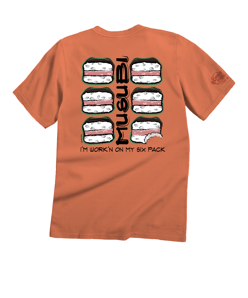 An orange short-sleeve t-shirt shown from the back, featuring a graphic print of six sushi rolls arranged in a grid with the vertical text 'MANJI' and the horizontal text 'I'M WORKIN' ON MY SIX PACK' in black. View 1
