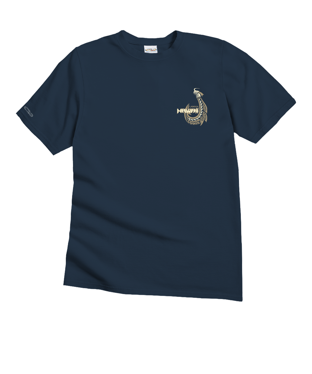 A navy blue short-sleeve crewneck t-shirt with a small gold and white graphic on the left chest depicting a Hawaiian Fishing Hook. View 4