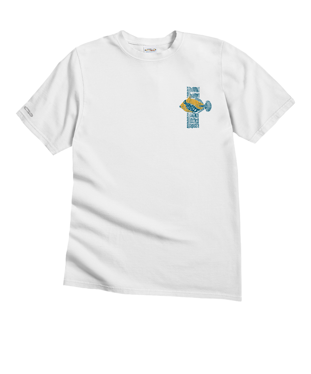 A white short-sleeve crewneck t-shirt featuring a small graphic on the left chest with a blue and yellow fish design and the word 'FISH'. View 4