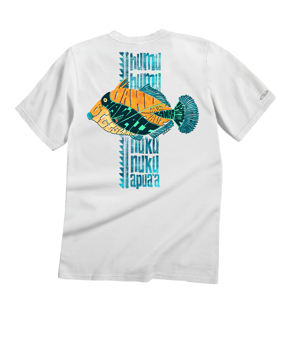 White short-sleeve t-shirt shown from the back, featuring a large graphic print of a tropical fish in orange, yellow, and teal over a vertical blue text design. View 1
