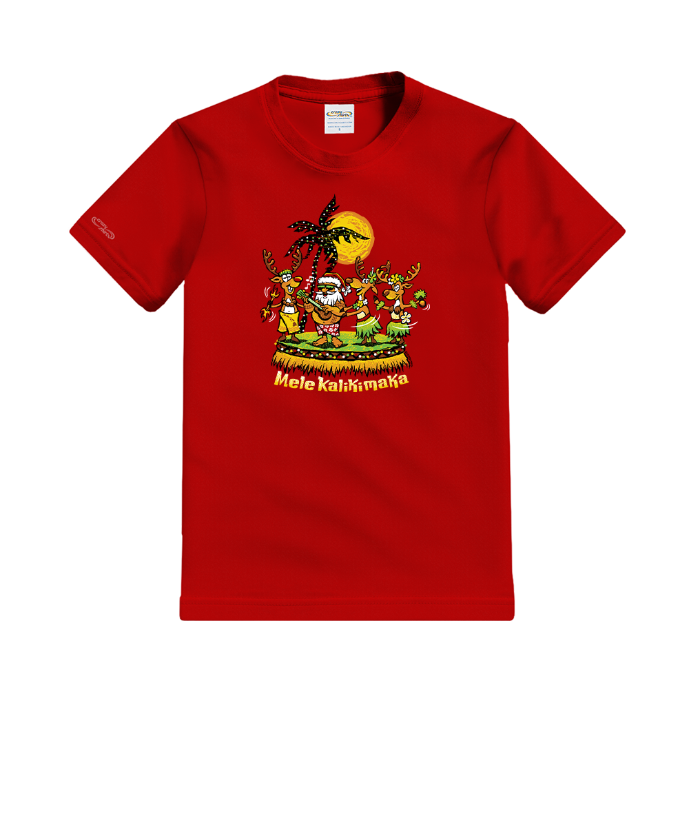 A red short-sleeve t-shirt with a colorful graphic print on the front featuring a Hawaiian hula dancer, a yellow sun, and the text 'Hole Kalihomoko'. View 1