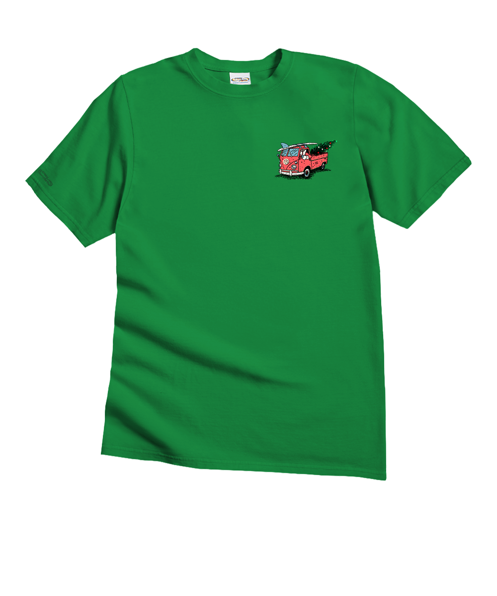 A bright green short-sleeve crewneck t-shirt with a small red fire truck graphic printed on the left chest, displayed on a clean white background. View 4