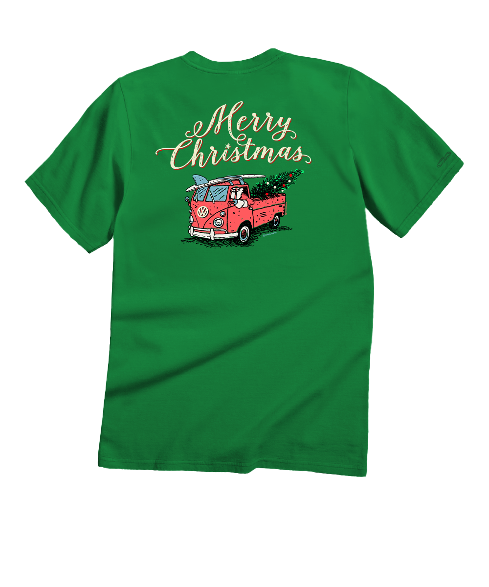 A green short-sleeve t-shirt shown from the back, featuring a graphic of a red vintage van carrying a Christmas tree with the words 'Merry Christmas' written above in a gold-colored script. View 1