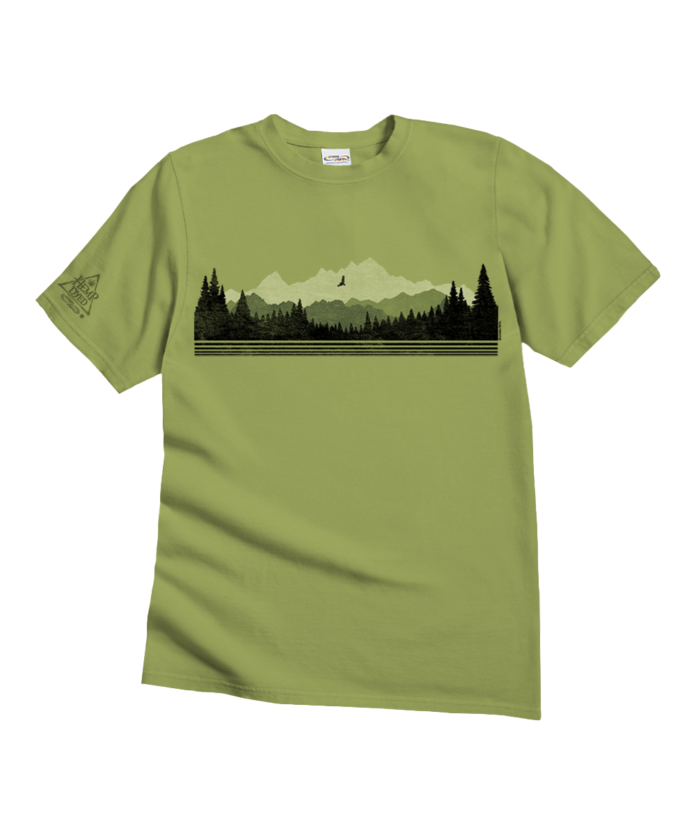 An olive green short-sleeve t-shirt with a horizontal graphic print of a mountain and forest landscape across the chest, displayed on a clean white background. View 1