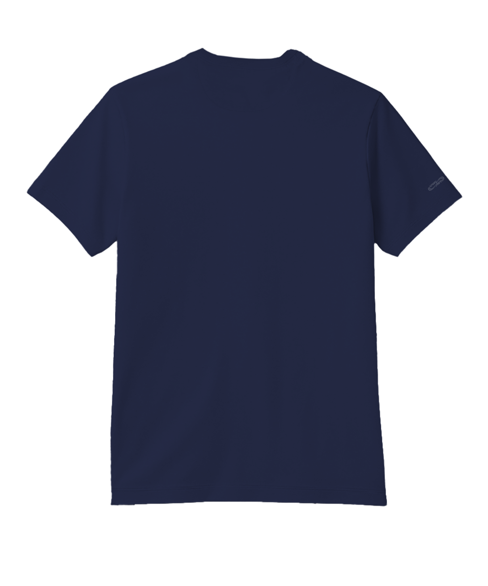 A navy blue short-sleeve crewneck t-shirt shown from the back, laid flat against a solid white background. View 4