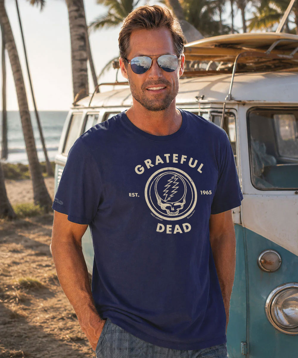A man wearing a navy blue Grateful Dead t-shirt and sunglasses stands in front of a vintage teal and white van on a beach with palm trees. View 2