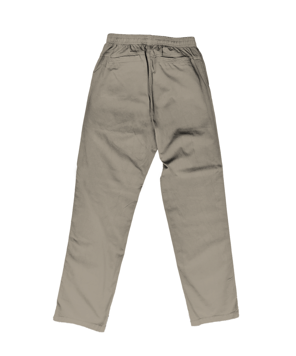 A pair of light gray drawstring pants shown from the back, laid flat on a solid white background. View 4