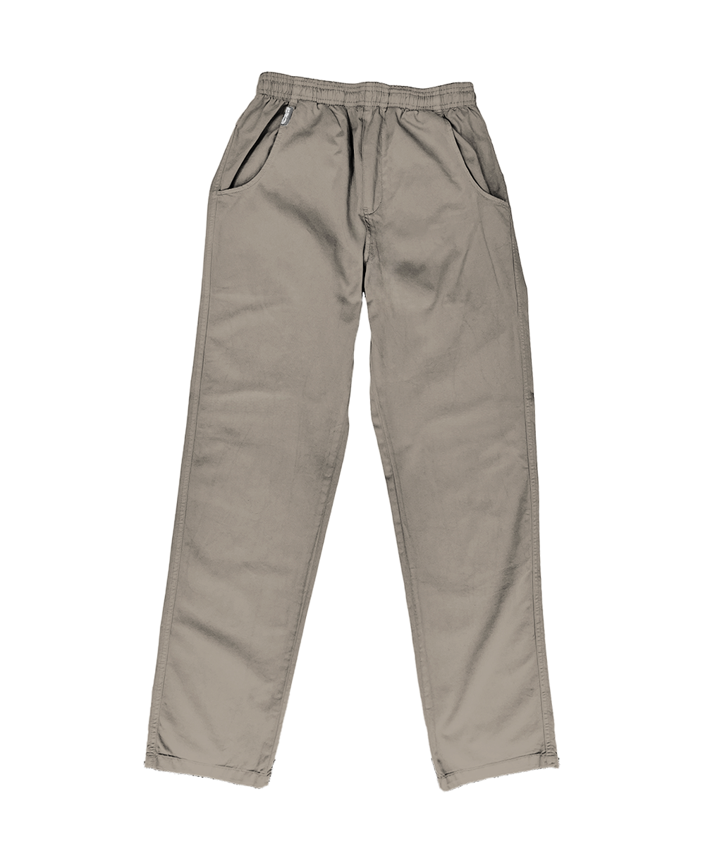 A pair of light gray drawstring pants with zippered side pockets, laid flat against a white background. View 1