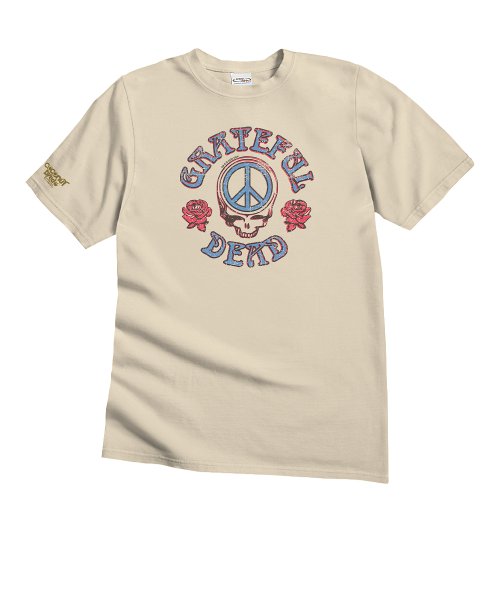 Beige t-shirt with 'Grateful Dead' logo featuring a peace symbol and roses on a white background. View 1
