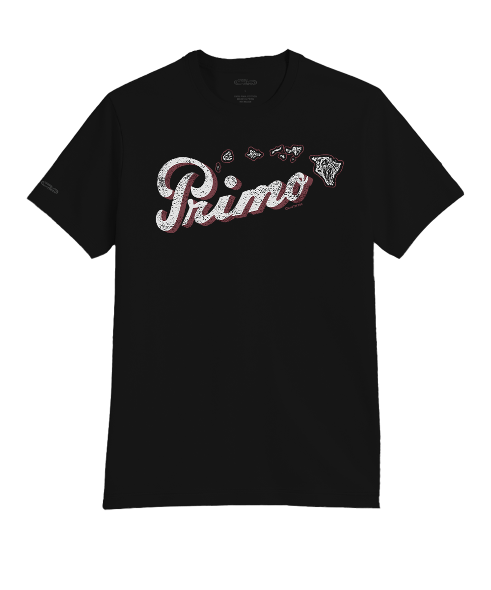 Black t-shirt with 'Primo' logo on a white background View 1