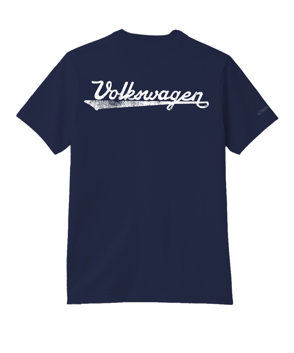Navy blue t-shirt with Volkswagen logo on the back against a white background View 4