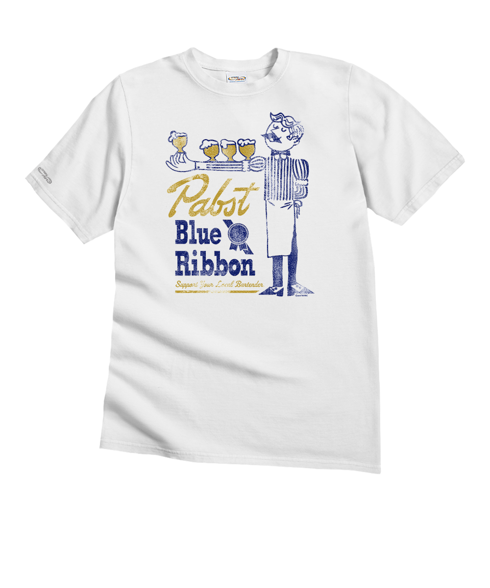 White t-shirt with Pabst Blue Ribbon graphic on a white background View 1