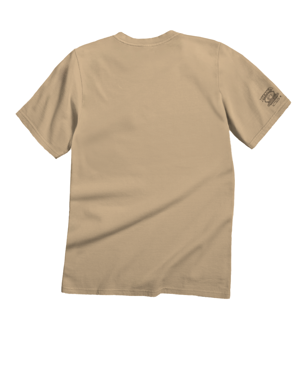 Beige t-shirt with a logo on the sleeve against a white background View 4