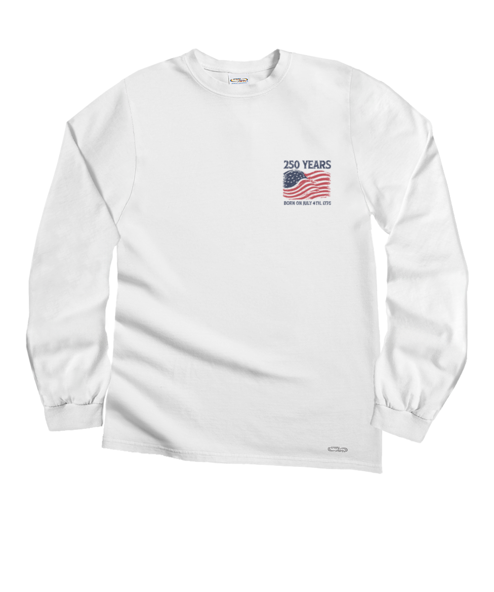 White long-sleeve shirt with American flag graphic and text on a white background View 4