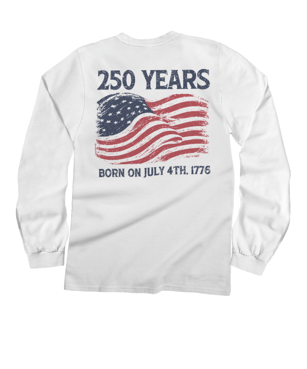White long-sleeve shirt with American flag and text on a white background View 1