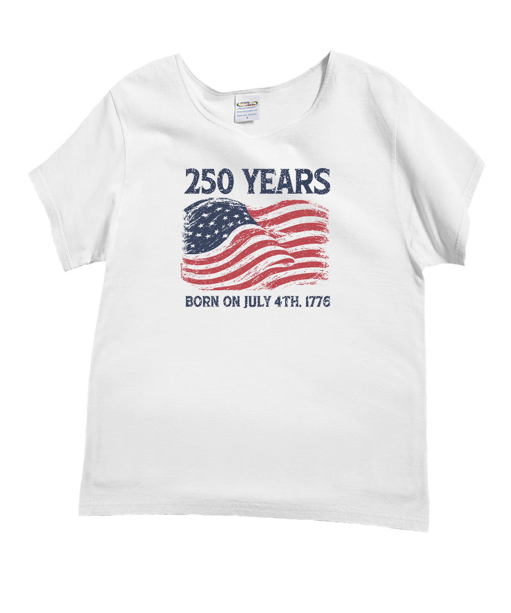 White t-shirt with American flag graphic and text on a white background View 1