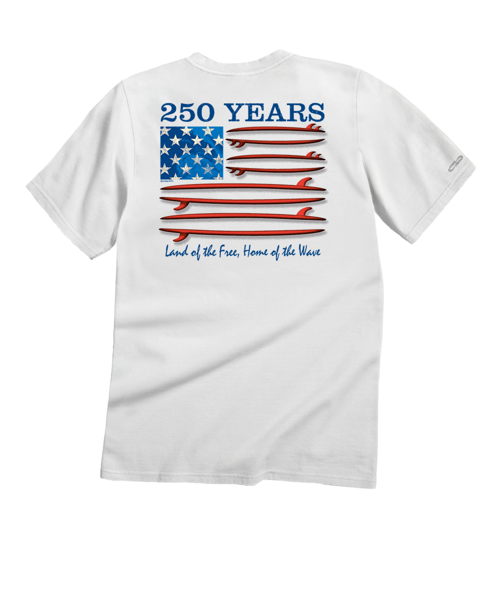 White t-shirt with American flag and text design on a white background View 1