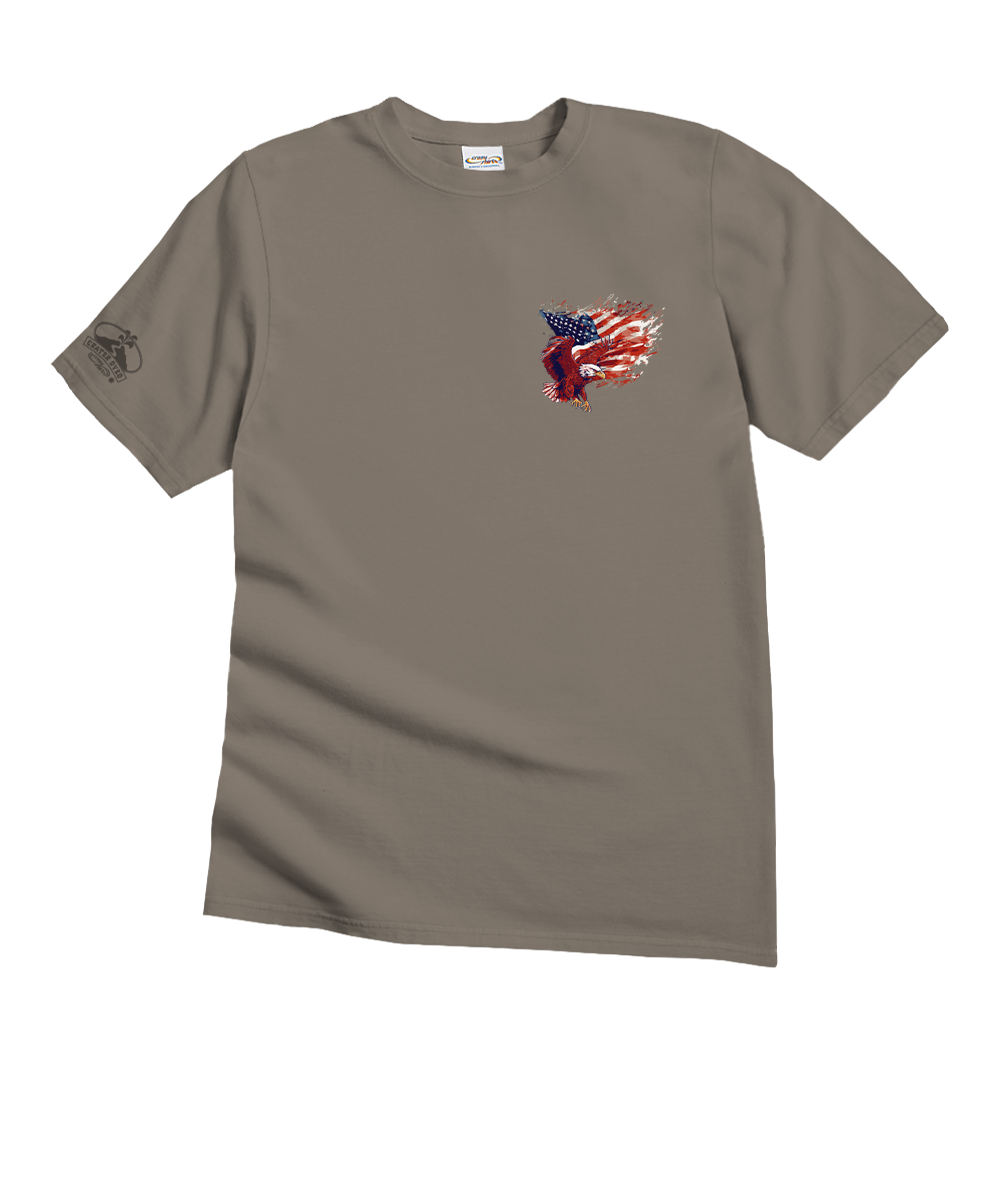 Brown t-shirt with a graphic design on a white background View 4