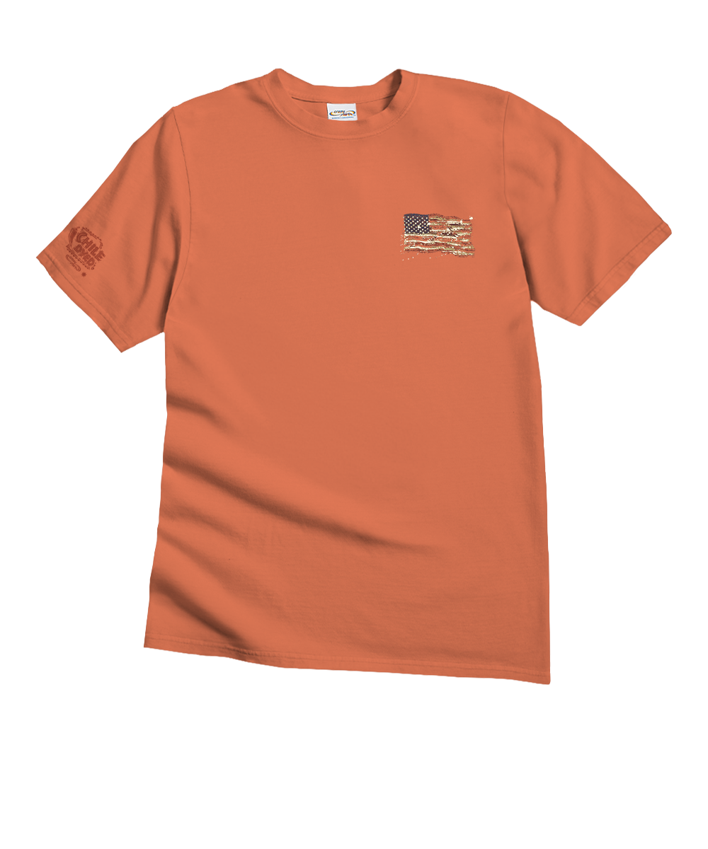 Orange t-shirt with a small graphic on the chest against a white background View 4