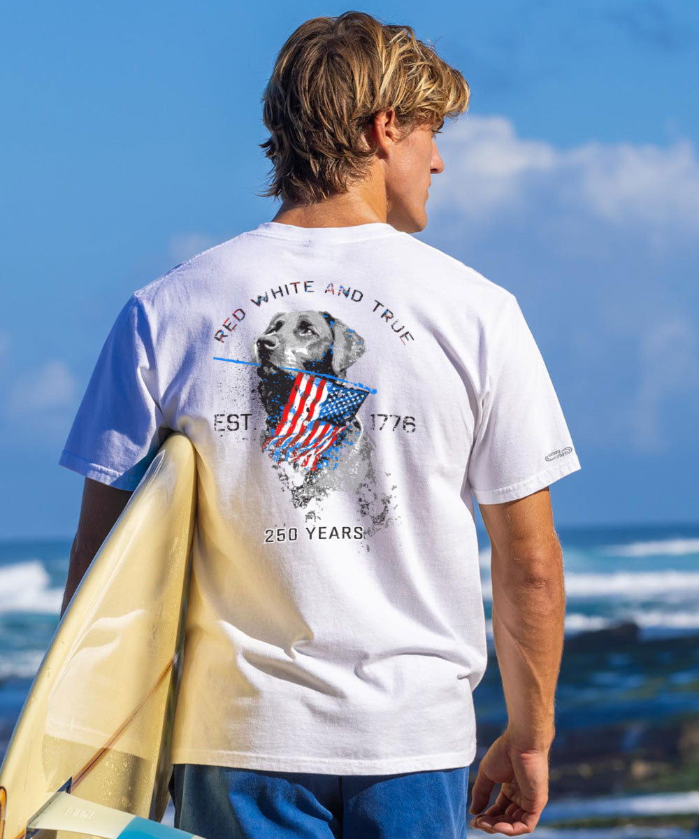 Person wearing a white t-shirt with a graphic design, standing by the ocean.