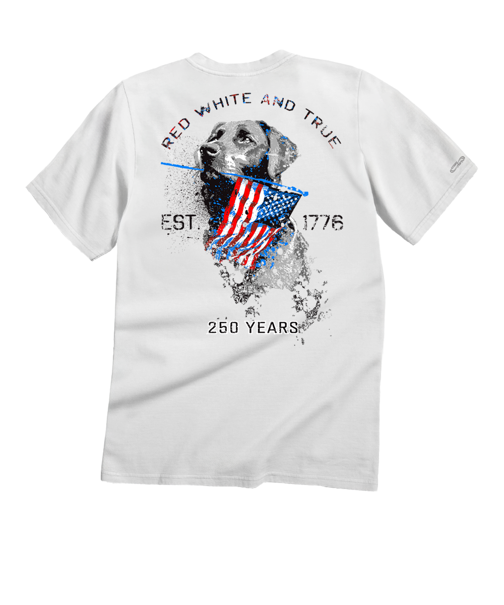 White t-shirt with a dog holding an American flag graphic and text on a white background View 1