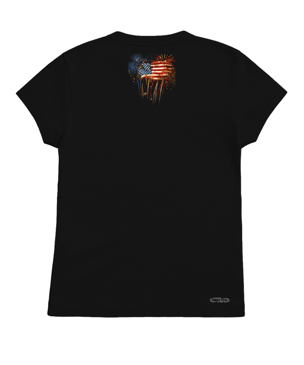 Black t-shirt with a colorful graphic on the back against a white background View 4