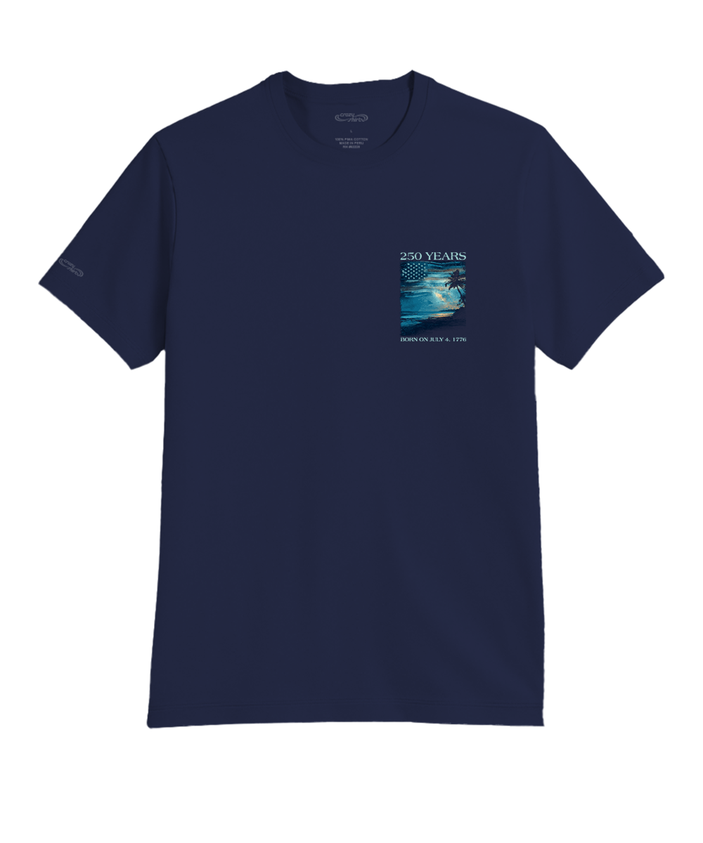 Navy blue t-shirt with a small graphic on the chest against a white background View 4